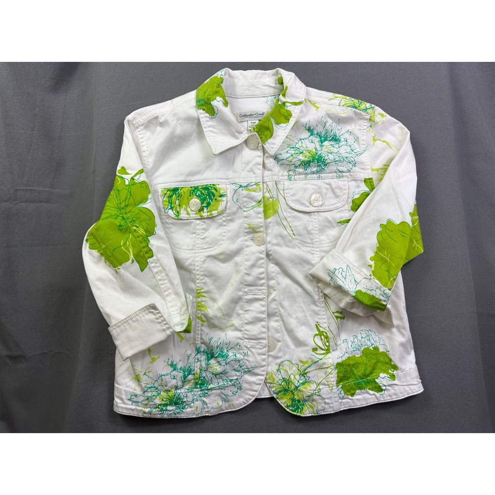 Coldwater Creek Women's White Lime Green‎ Floral Denim Jacket Petite Small PSM